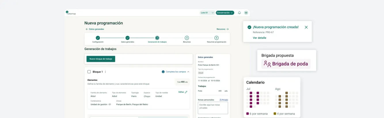 Programación de tareas recurrentes con su frecuencia en el calendario de conservación