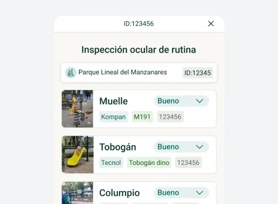 Formulario de inspección de un área de juegos infantiles en la web app