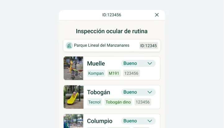 Formulario de inspección de un área de juegos infantiles en la web app