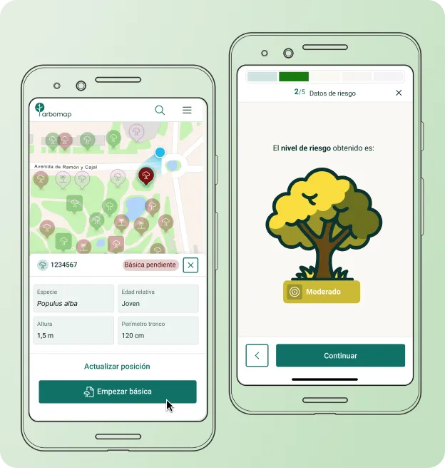 La web app de Arbomap en un móvil, con un parte de trabajo rellenándose desde campo