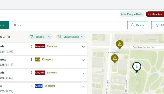 Vista mixta de incidencias, con el mapa y la tabla de datos a la vez