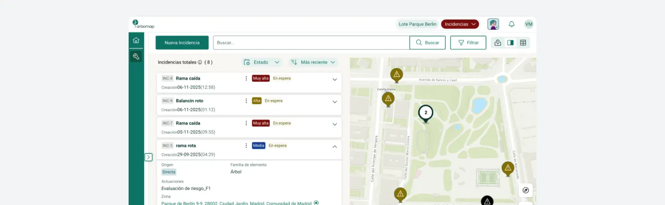 Vista mixta de incidencias, con el mapa y la tabla de datos a la vez