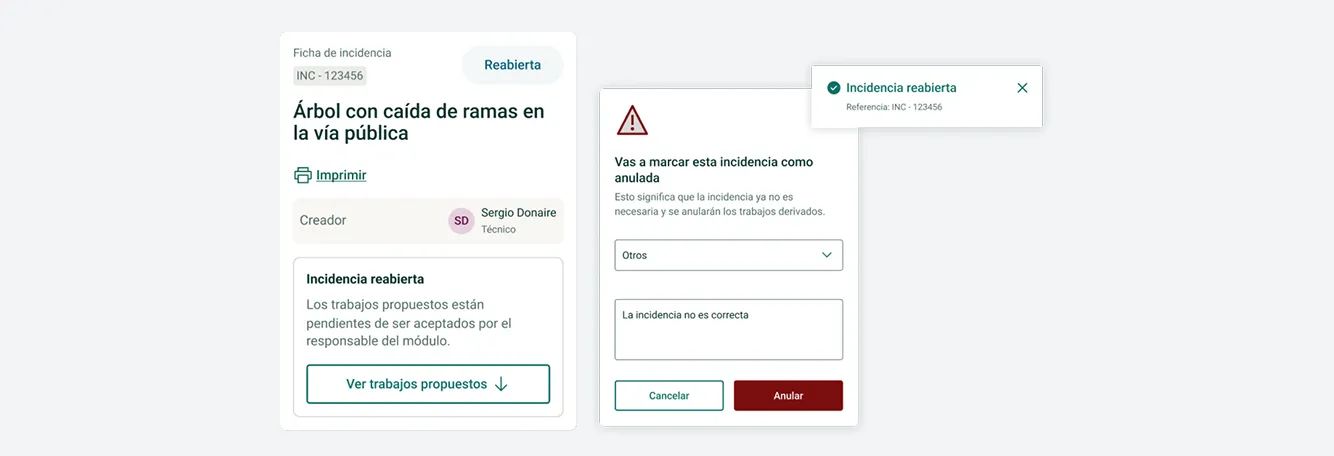 Ficha de una incidencia con las acciones de anular y de reabrir